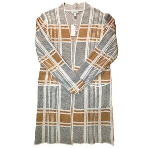 Nine West Long Plaid Open Front Duster Cardigan Sweater w/Pockets Medium